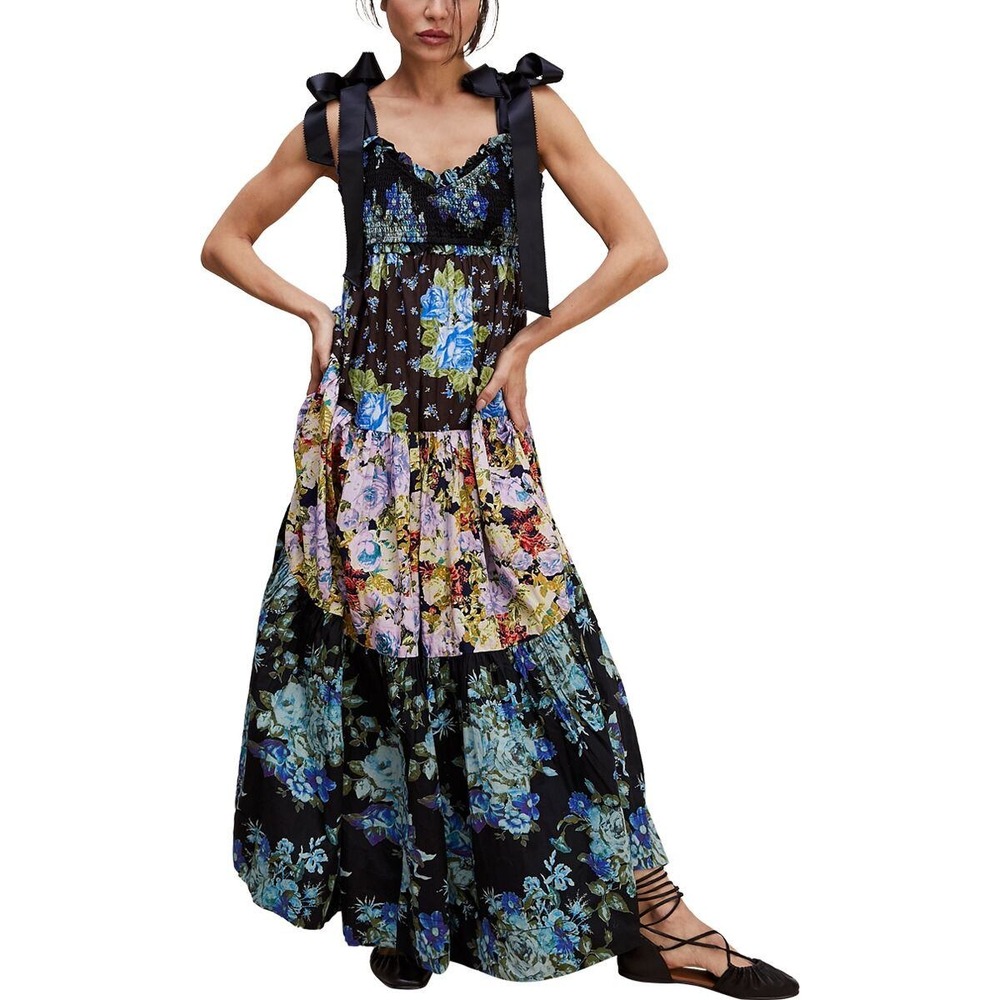 Free People Bluebell Mixed Floral Print Tiered Maxi Dress Small Blue Pink Black